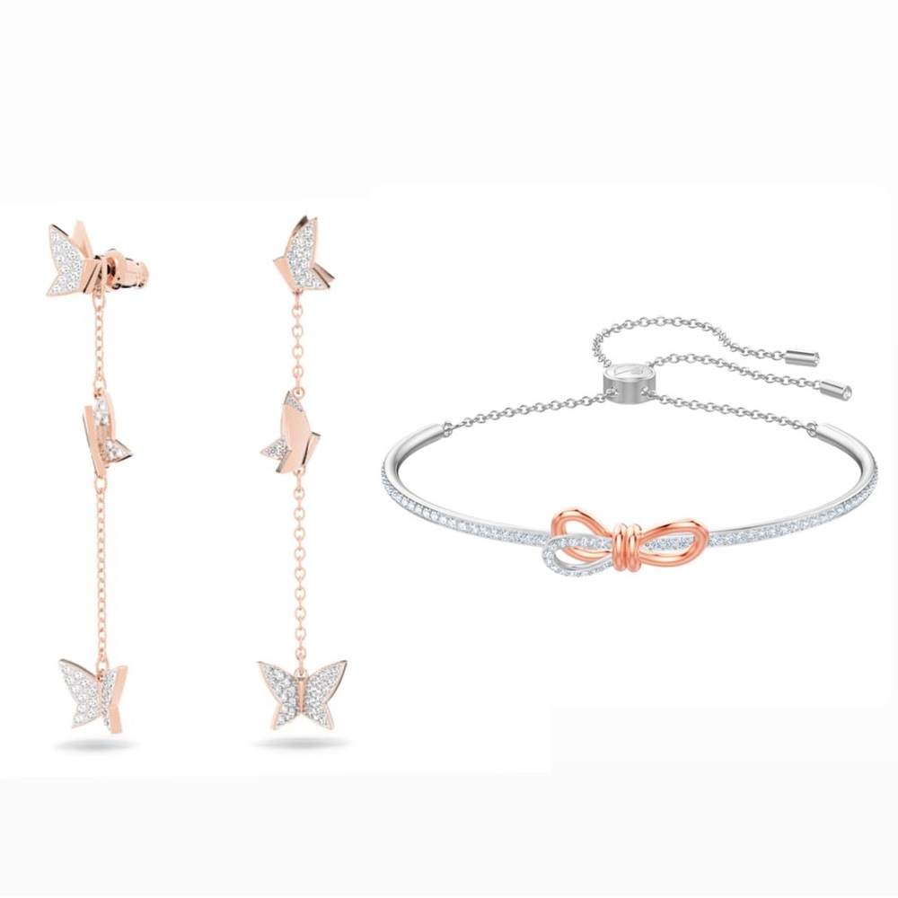 Swarovski Lifelong bow bangle and Idyllia Lilia drop earrings